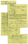 Moe Howard Thrice-Signed Bank of America Document Upon Opening the Bank Account for 3 Stooges Meet the Martians -- Measures 5 x 6 -- Near Fine Condition